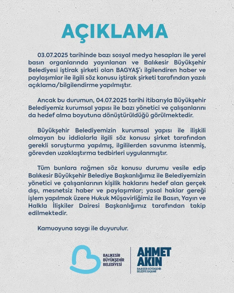 BÜYÜKŞEHİR’DEN BAGYAŞ İLE İLGİLİ AÇIKLAMA 